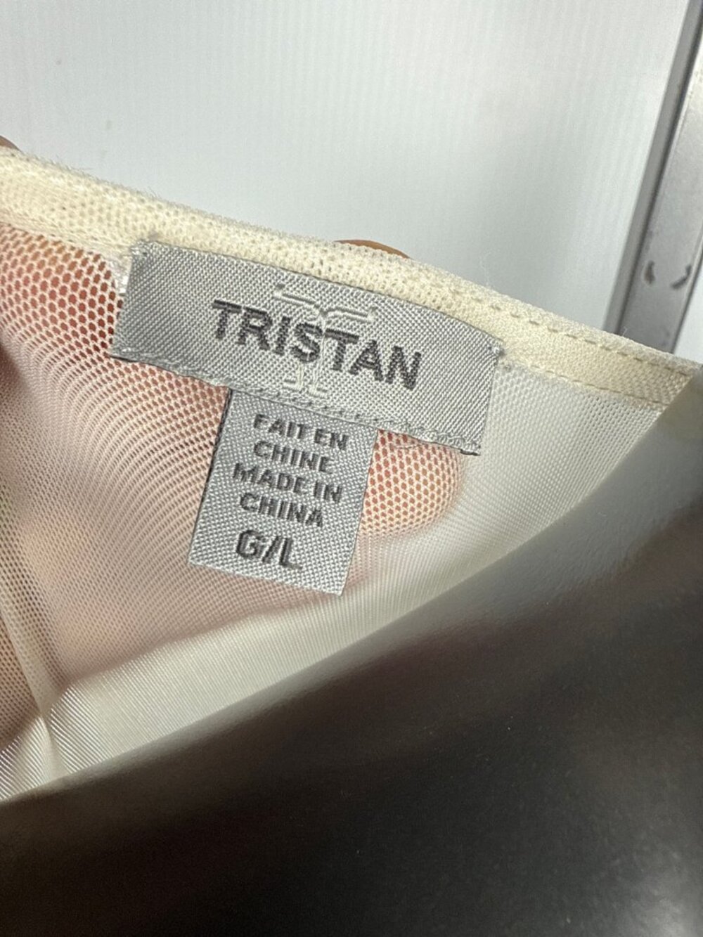 TRISTAN Stretch Knit‎ Sheer Mesh Lace Yoke Long Sleeve Top Ivory White Size L - Picture 7 of 9